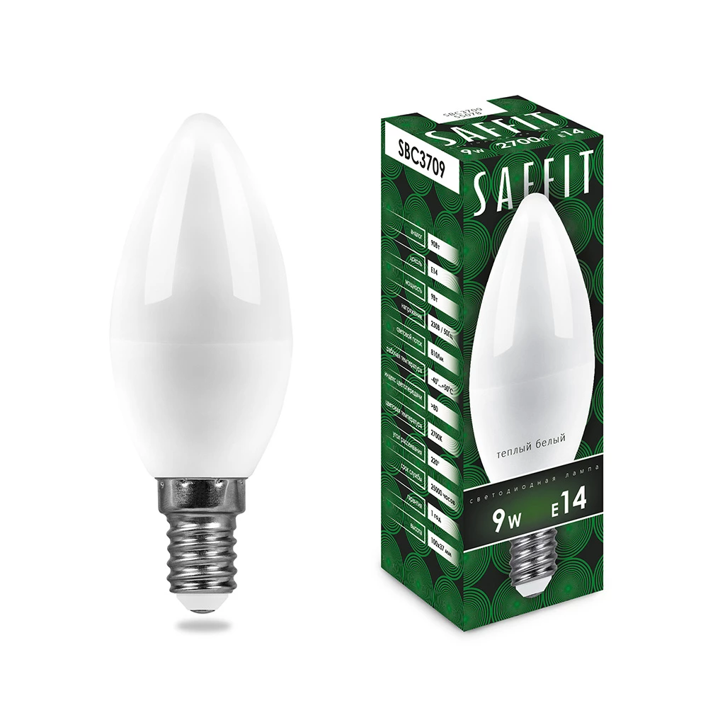 Лампа светодиодная SAFFIT SBC3709 Свеча E14 9W 230V 2700K (55078) - Viokon.com