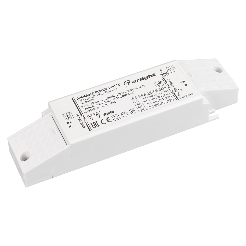 Блок питания ARJ-SP-40-PFC-TRIAC-INS (40W, 27-38V, 0.7-1.05A) (Arlight, IP20 Пластик, 5 лет) 028185(1) - Viokon.com