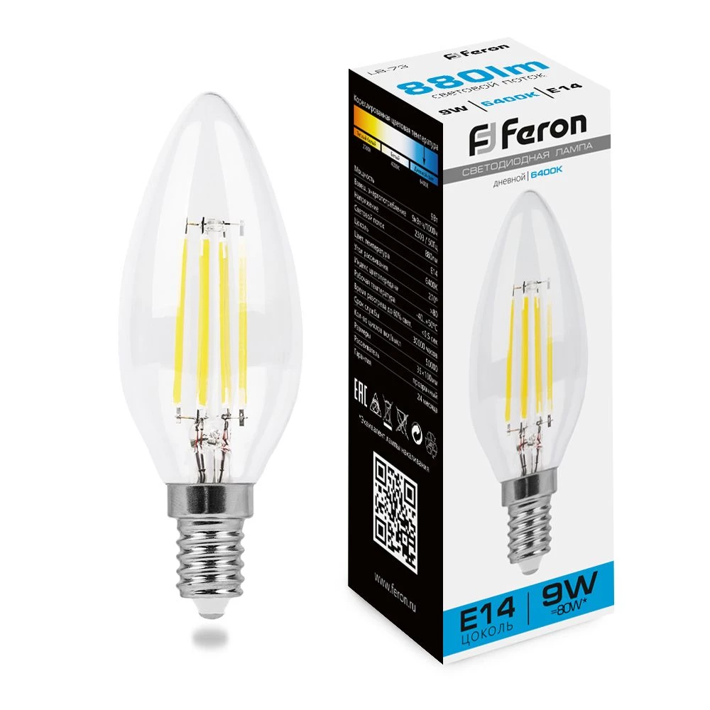 Лампа светодиодная Feron LB-73 Свеча E14 9W 230V 6400K (38229) - Viokon.com