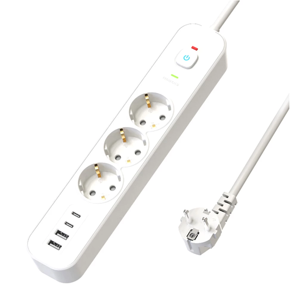 Сетевой фильтр 3-местный с/з STEKKER 3x1мм2, 1,8 м, 250В, 16А, 2 USB-A+2 Type-C, серия Nova, белый (50099) - Viokon.com