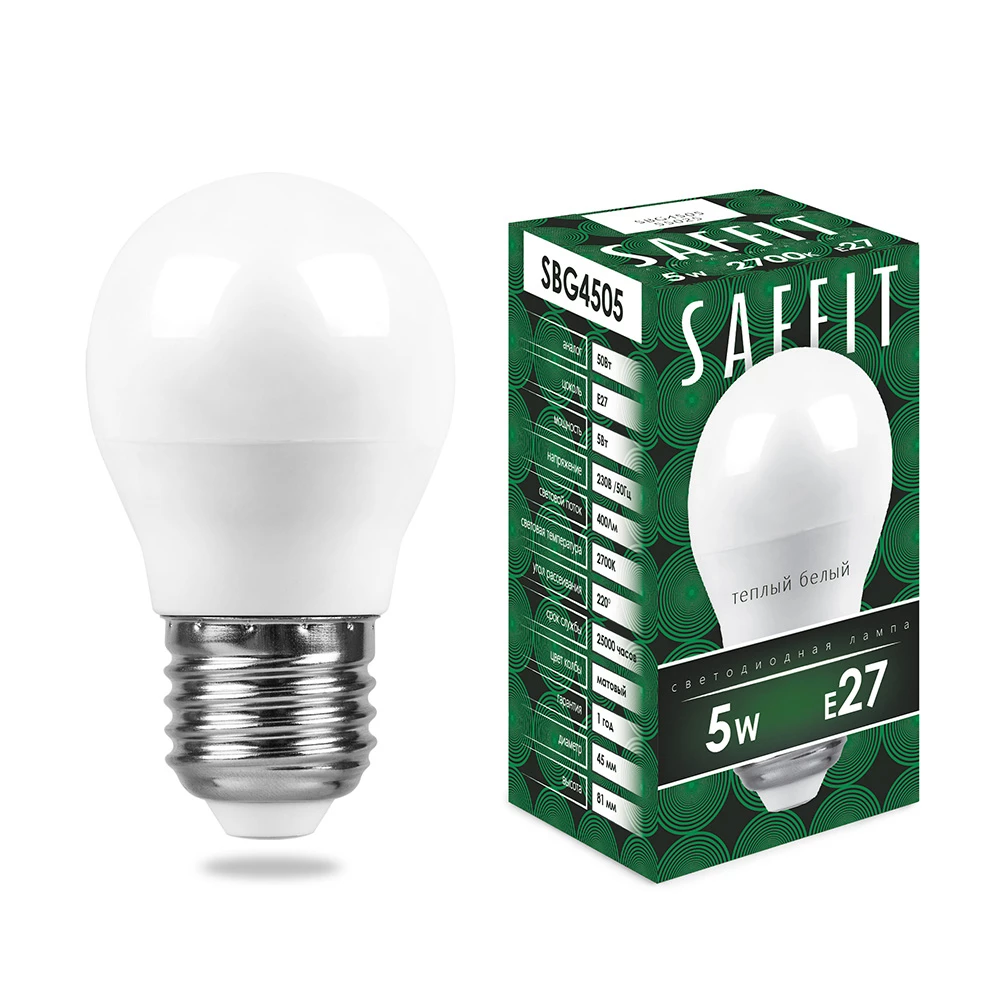 Лампа светодиодная SAFFIT SBG4505 Шарик E27 5W 2700K (55025) - Viokon.com