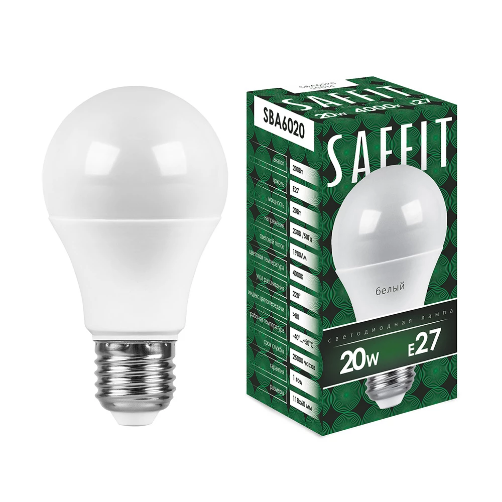 Лампа светодиодная SAFFIT SBA6020 Шар E27 20W 230V 4000K (55014) - Viokon.com
