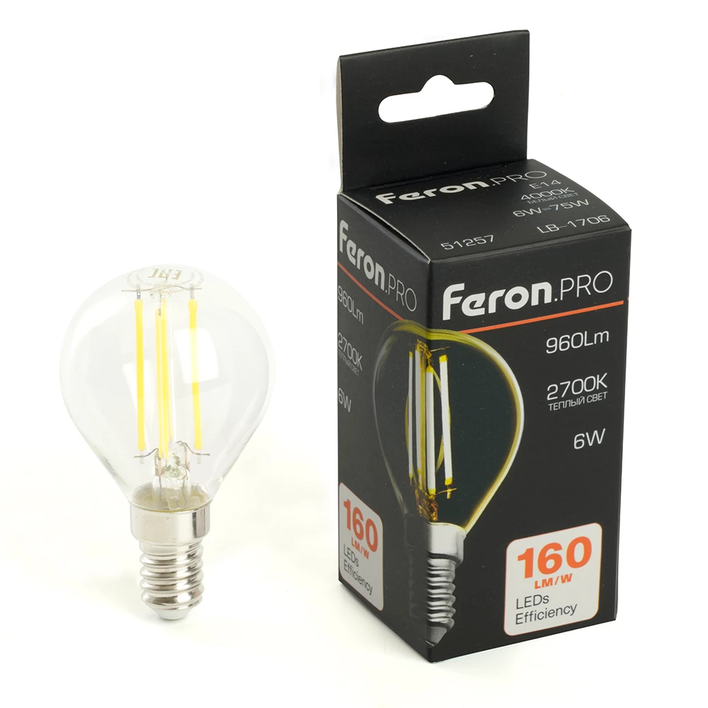 Лампа светодиодная Feron.PRO LB-1706 Шарик E14 960LM 6W 175-265V 2700K (51256) - Viokon.com