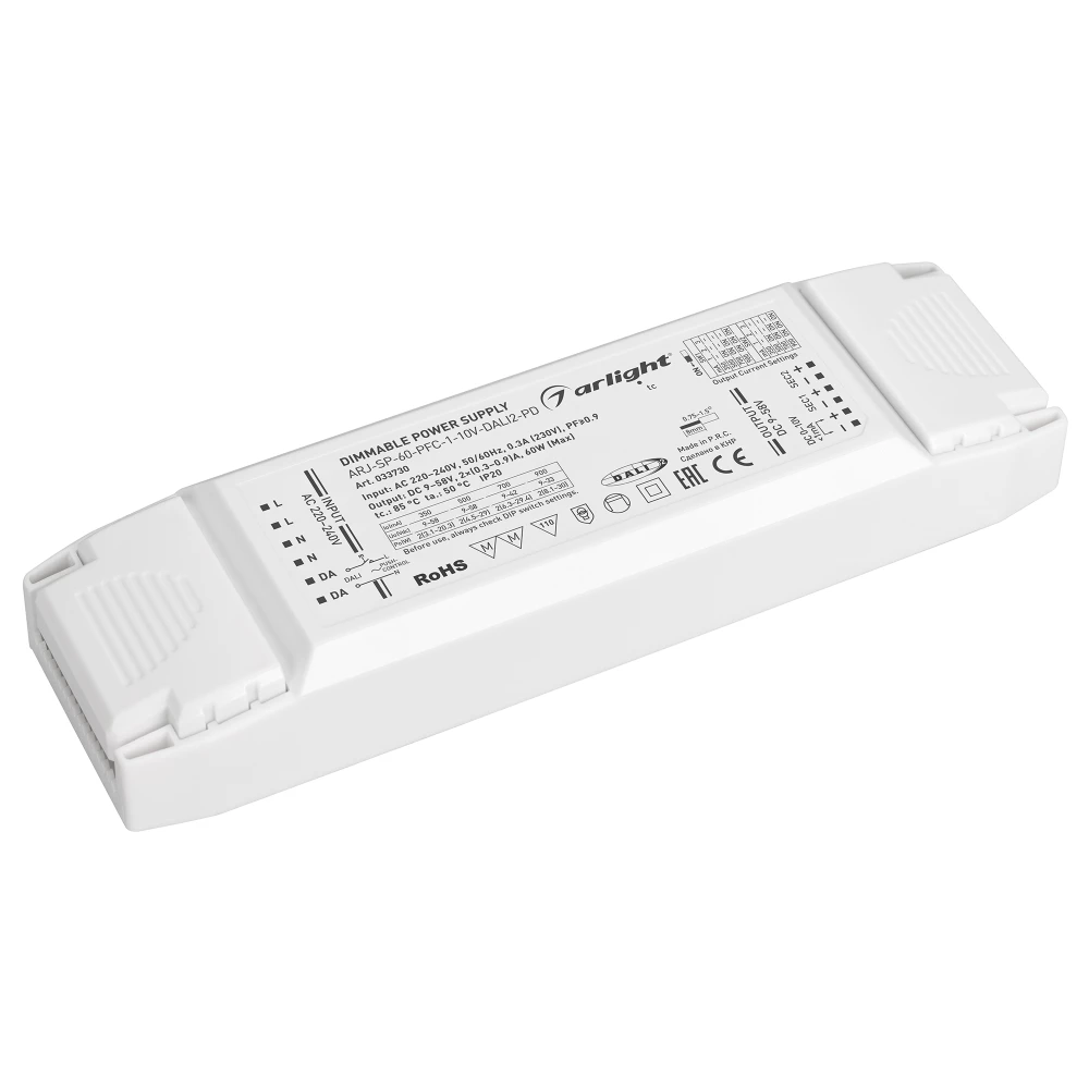 Блок питания ARJ-SP-60-PFC-1-10V-DALI2-PD (60W, 9-58V, 2x0.3-0.9A) (Arlight, IP20 Пластик, 5 лет) 033730 - Viokon.com
