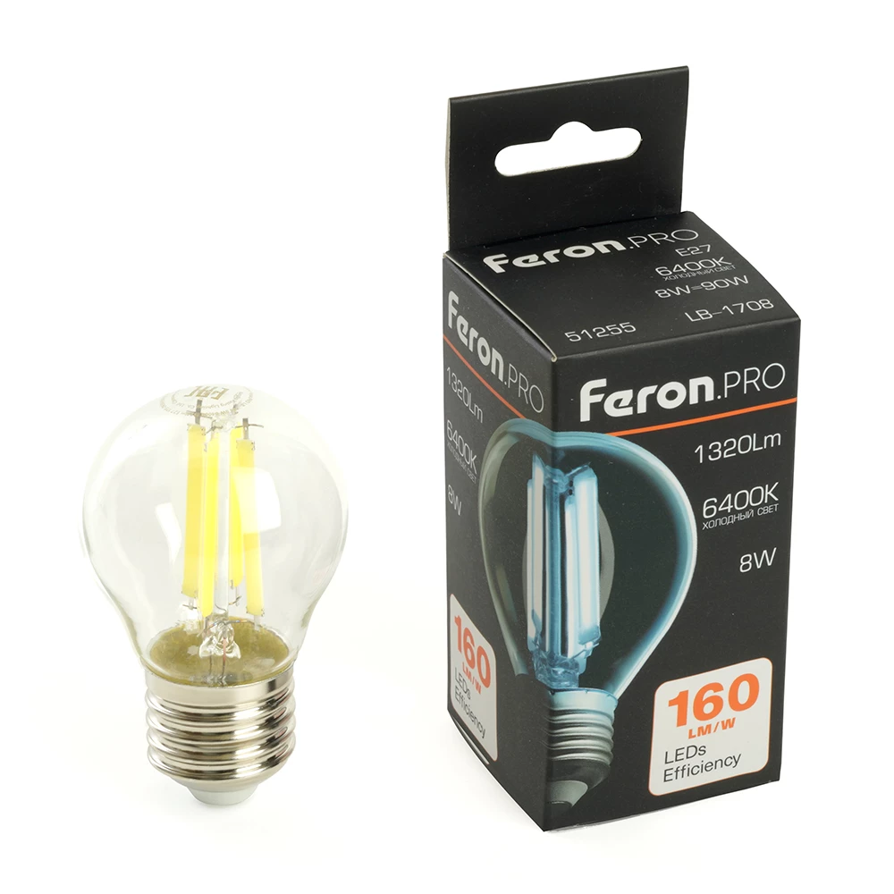 Лампа светодиодная Feron.PRO LB-1708 Шарик E27 1320LM 8W 175-265V 6400K (51255) - Viokon.com