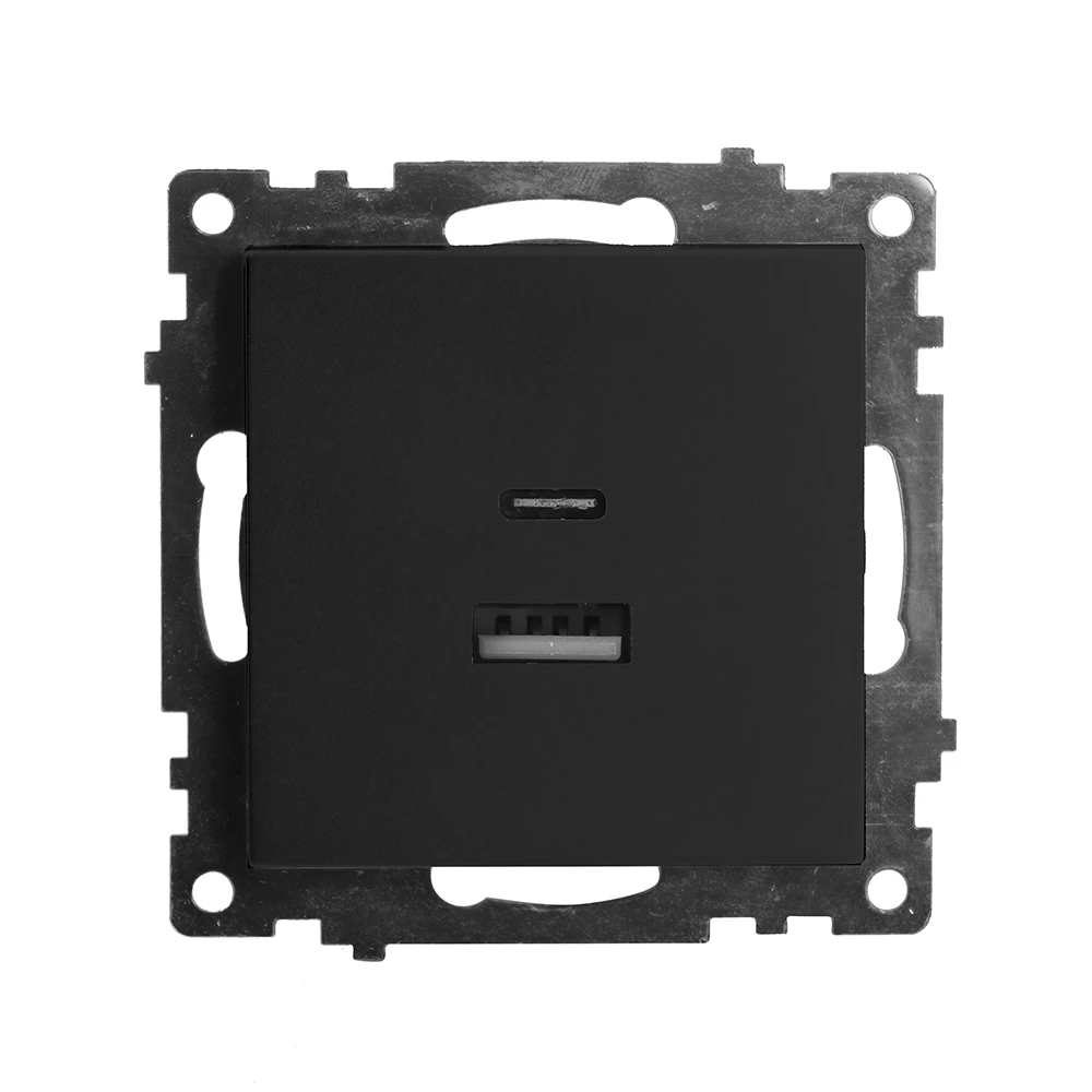 Розетка 2-местная USB + type C (механизм), STEKKER GLS10-7116-05, 250B, 3А, серия Катрин, черный (50055) - Viokon.com