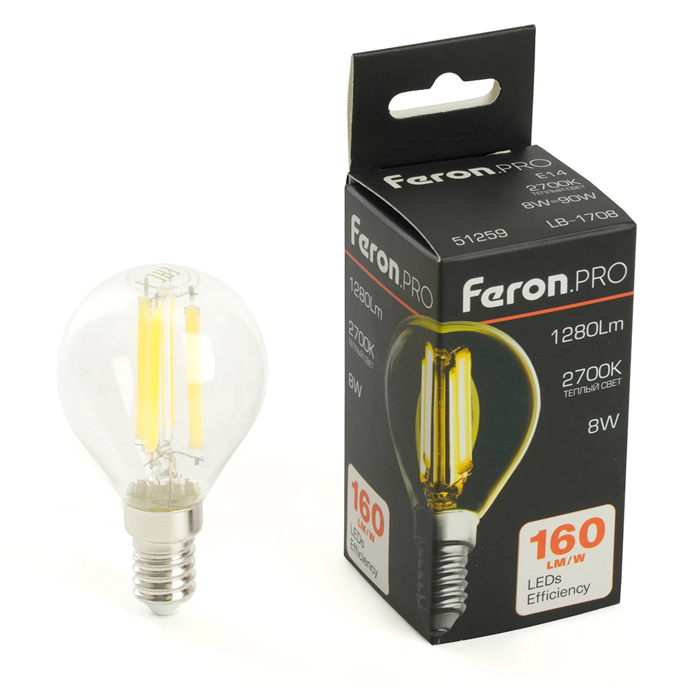 Лампа светодиодная Feron.PRO LB-1708 Шарик E14 1280LM 8W 175-265V 2700K (51259) - Viokon.com