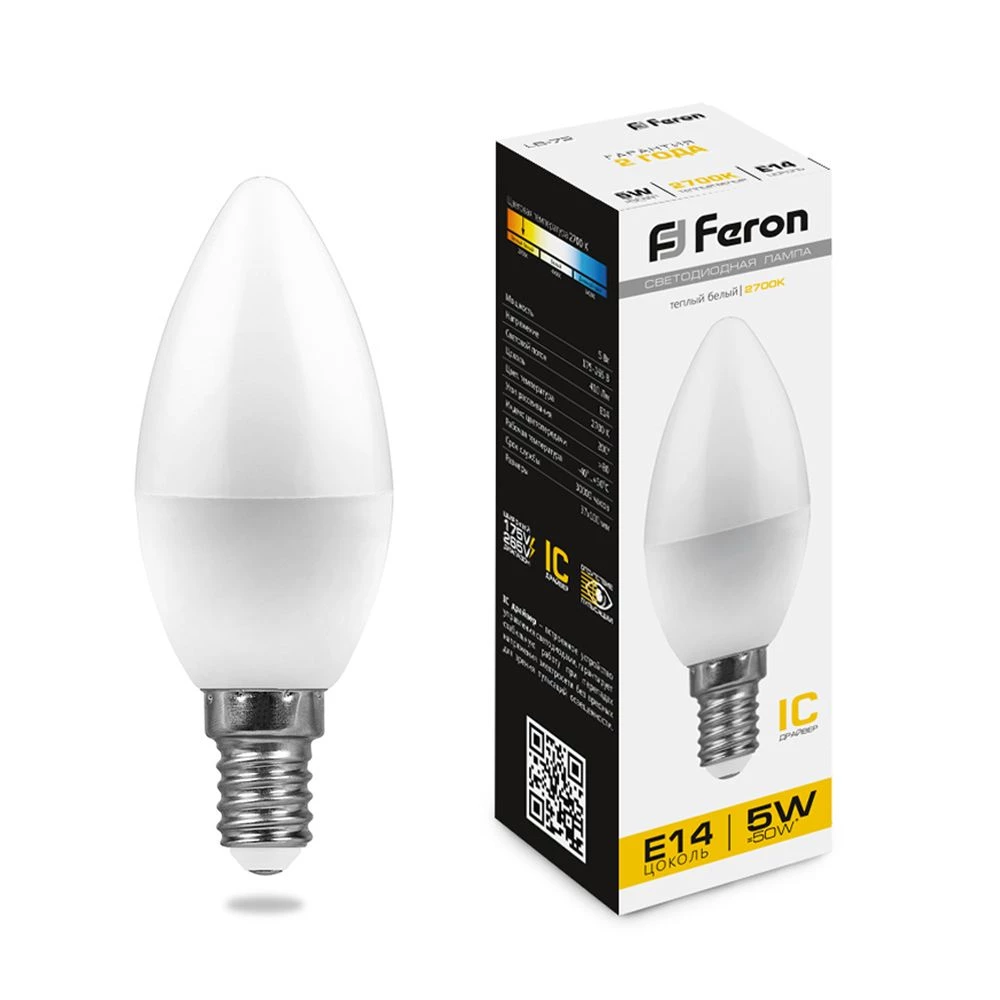 Лампа светодиодная Feron LB-72 Свеча E14 5W 2700K (25400) - Viokon.com