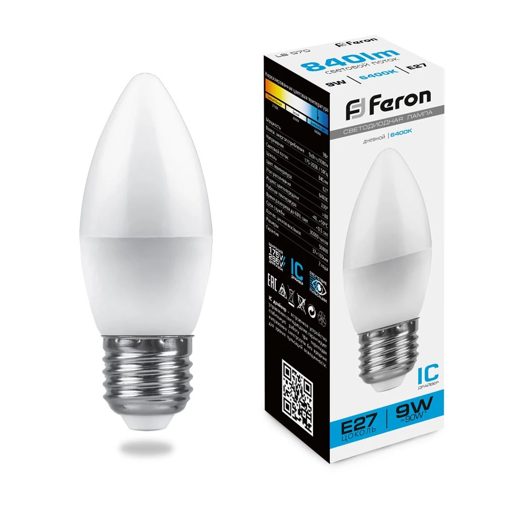 Лампа светодиодная Feron LB-570 Свеча E27 9W 175-265V 6400K (25938) - Viokon.com