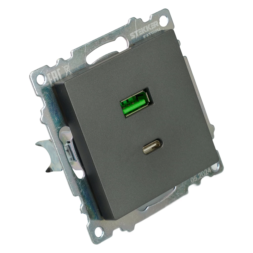 Розетка 2-местная USB + type C (механизм), 250В, 3А, max 20W, серия Катрин, графит, GLS10-7116-06 (50052) - Viokon.com