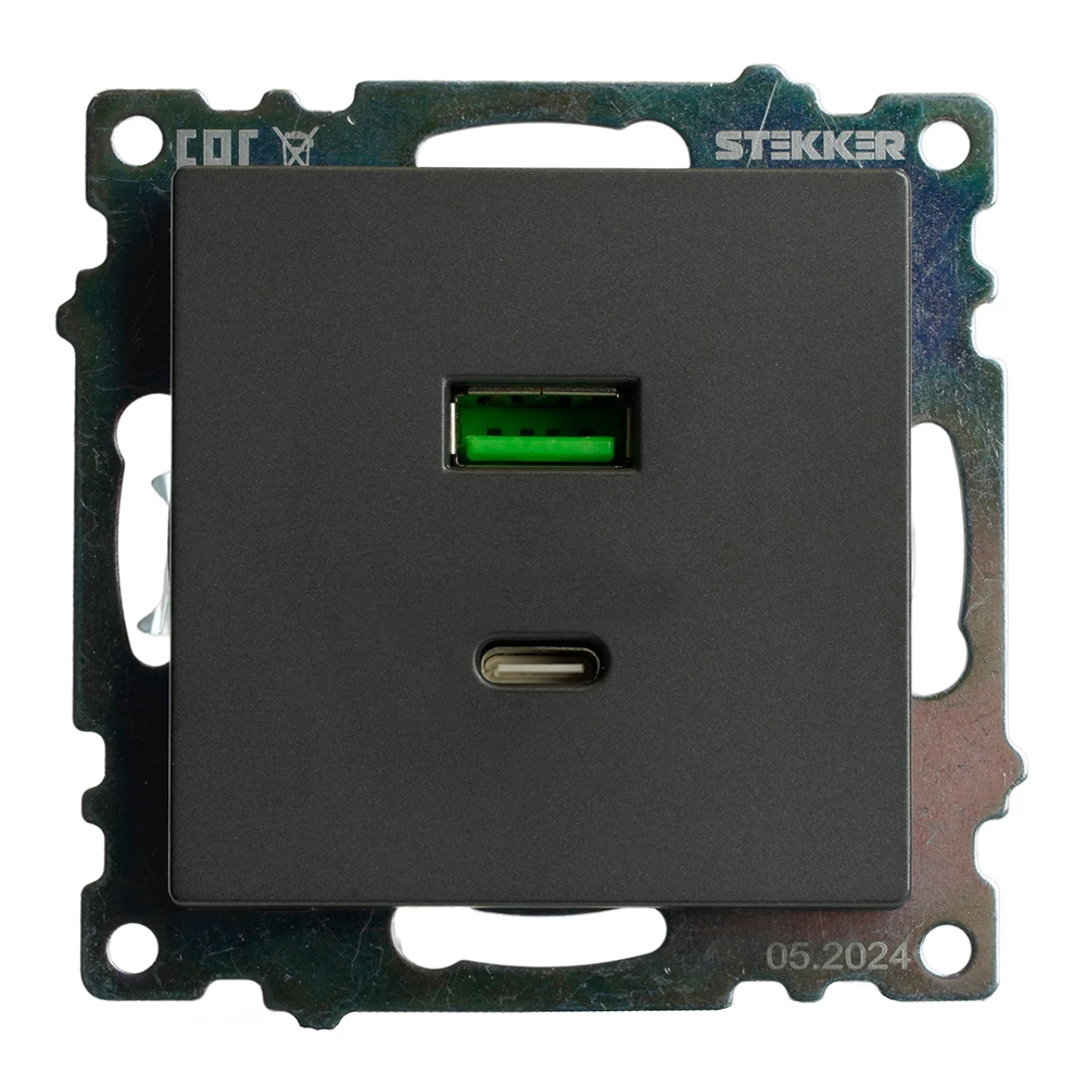 Розетка 2-местная USB + type C (механизм), 250В, 3А, max 20W, серия Катрин, графит, GLS10-7116-06 (50052) - Viokon.com
