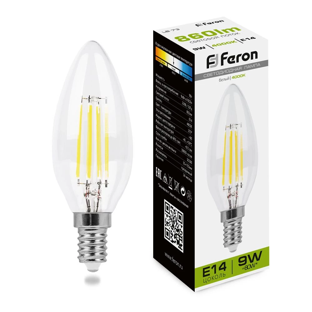 Лампа светодиодная Feron LB-73 Свеча E14 9W 230V 4000K (25958) - Viokon.com