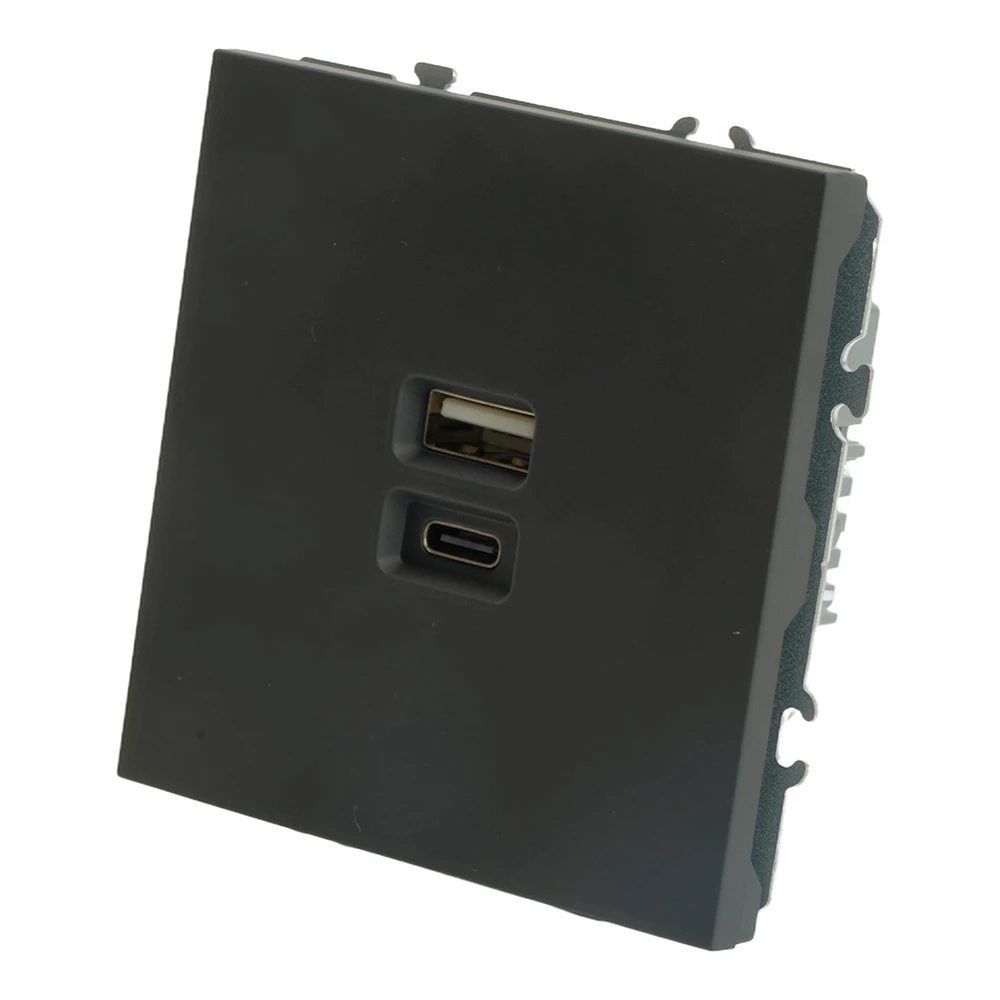 Розетка 2-местная USB + Type C (механизм), STEKKER, 250В, 20W, серия Эмили, RST10-5115-05, черный уголь, soft touch (49853) - Viokon.com