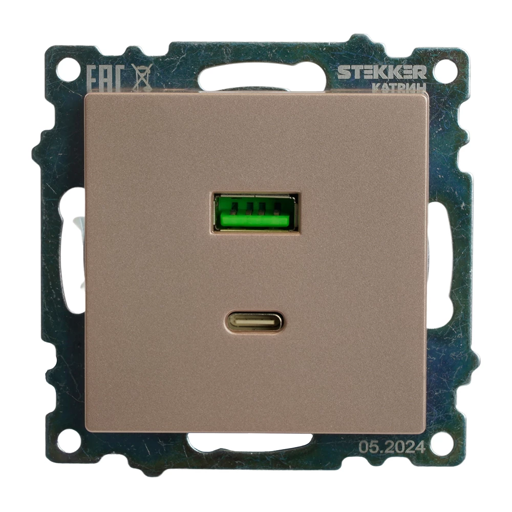 Розетка 2-местная USB + type C (механизм), STEKKER GLS10-7116-02, 250B, 3A, max 20W, серия Катрин, шампань (50056) - Viokon.com