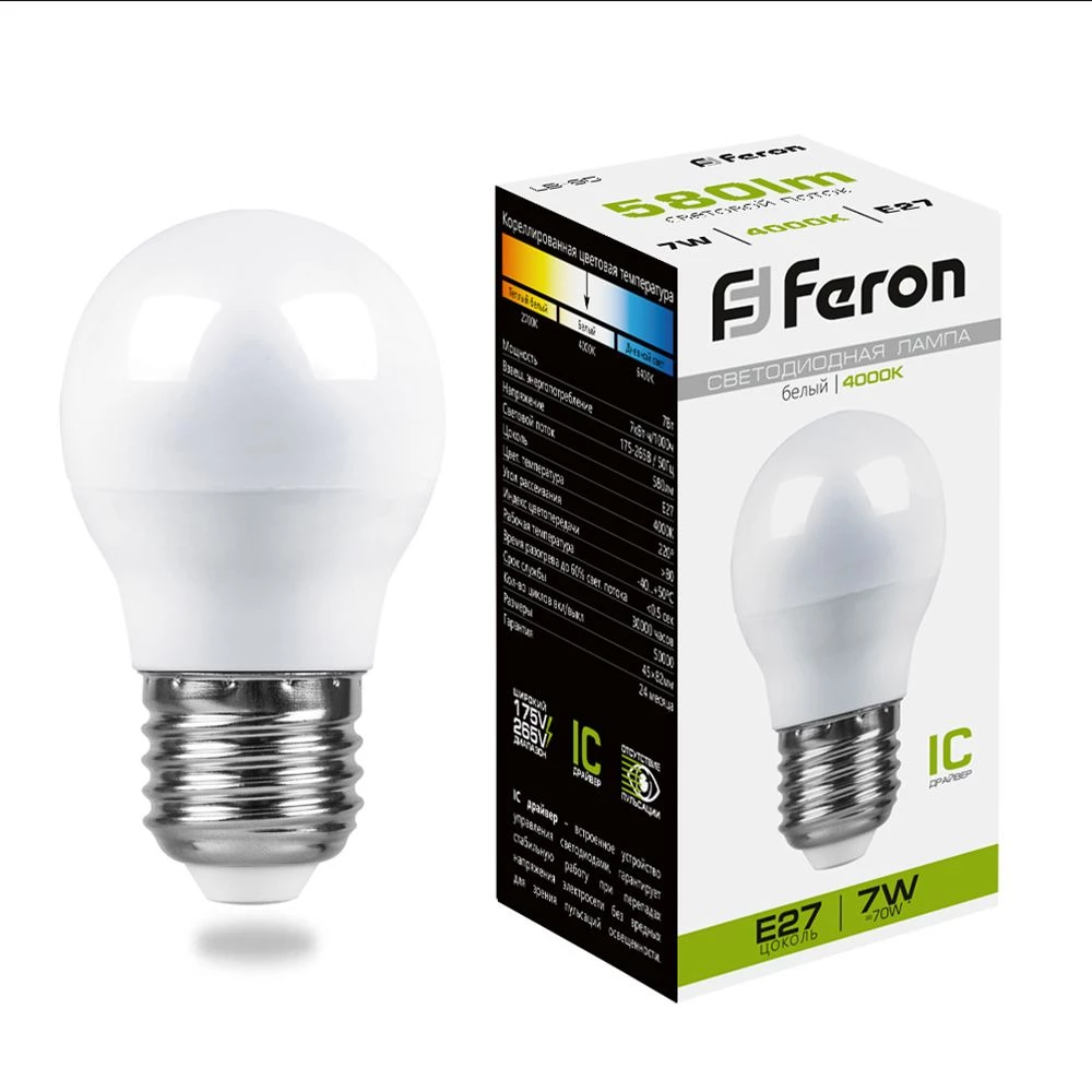 Лампа светодиодная Feron LB-95 Шарик E27 7W 175-265V 4000K (25482) - Viokon.com
