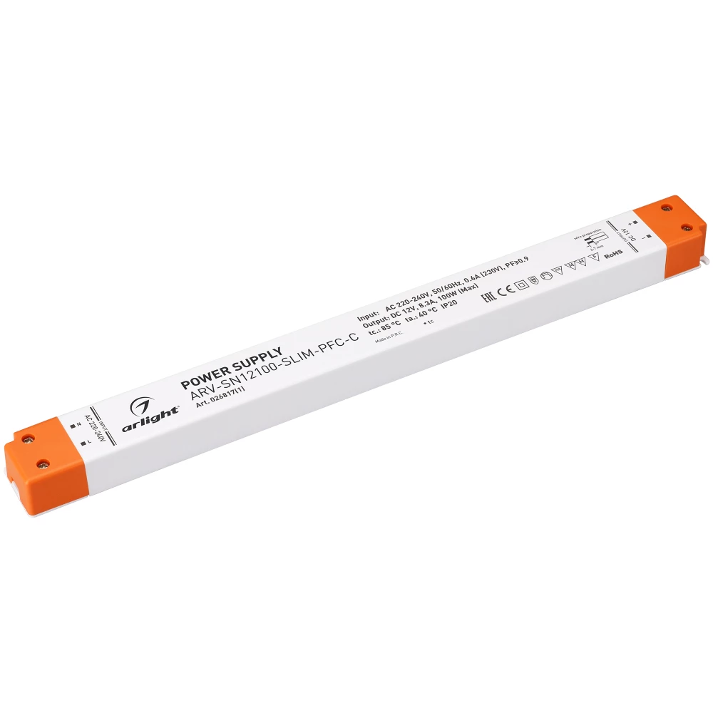 Блок питания ARV-SN12100-SLIM-PFC-C (12V, 8.3A, 100W) (Arlight, IP20 Пластик, 3 года) 026817(1) - Viokon.com
