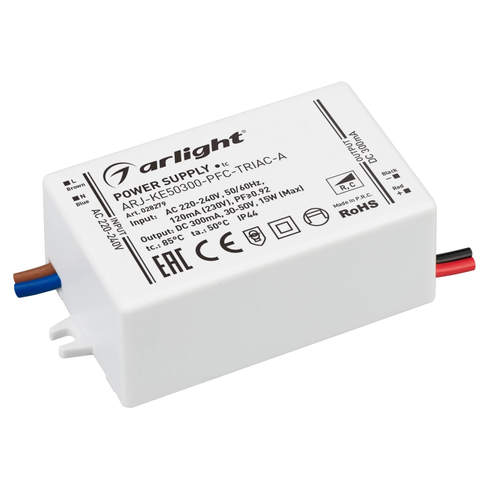 Блок питания ARJ-KE50300-PFC-TRIAC-A (15W, 300mA) (Arlight, IP44 Пластик, 5 лет) 028279 - Viokon.com