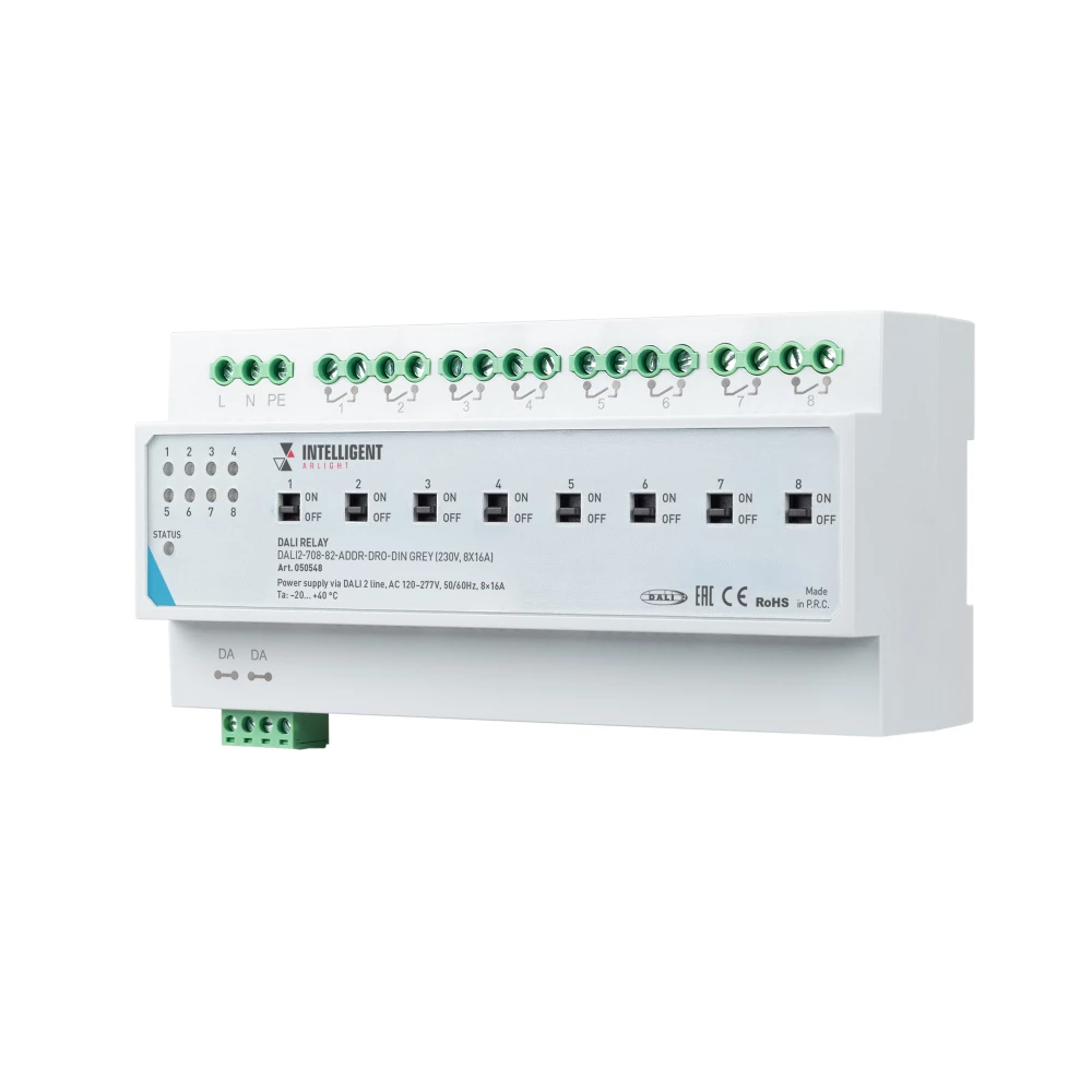INTELLIGENT ARLIGHT Релейный модуль DALI2-708-82-ADDR-DRO-DIN Grey (230V, 8x16A) (IARL, IP20 Пластик, 3 года) 050548 - Viokon.com