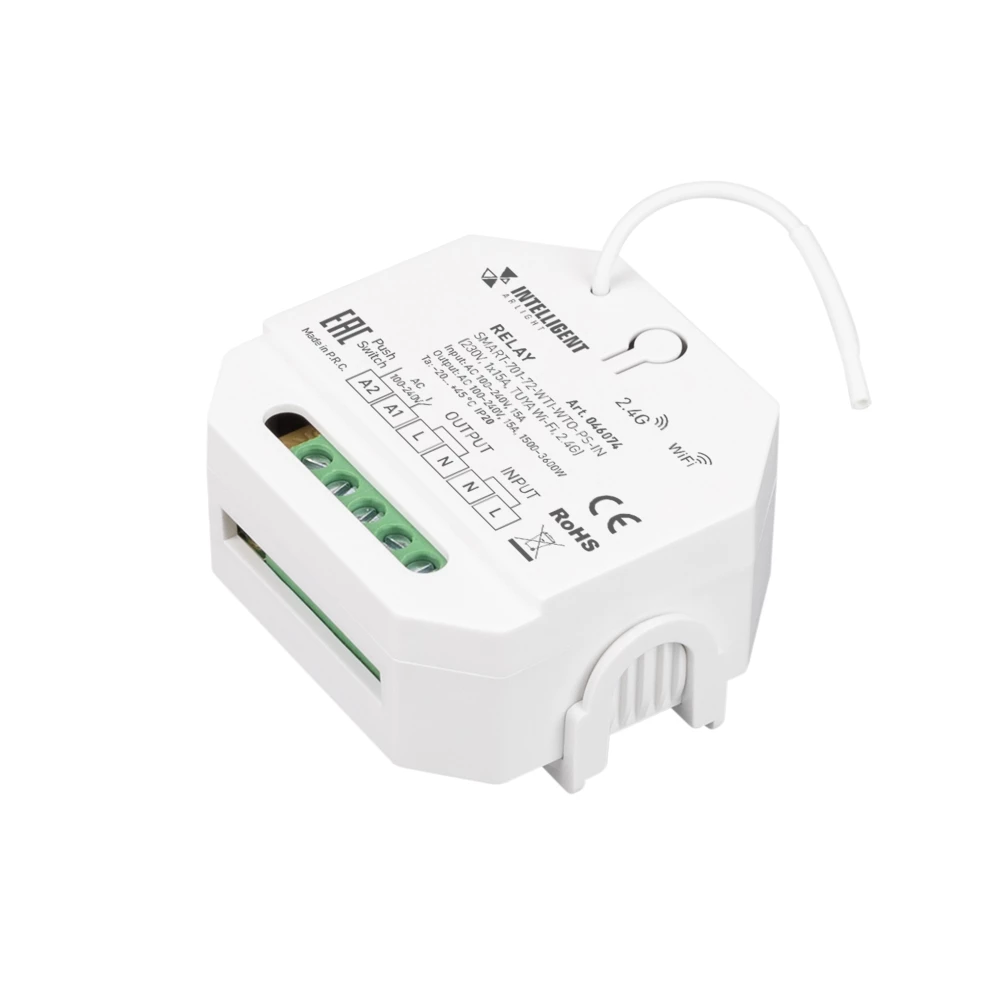 INTELLIGENT ARLIGHT Релейный модуль SMART-701-72-WTI-WTO-PS-IN  (230V, 1x15A, TUYA Wi-Fi, 2.4G) (IARL, IP20 Пластик, 5 лет) 046074 - Viokon.com