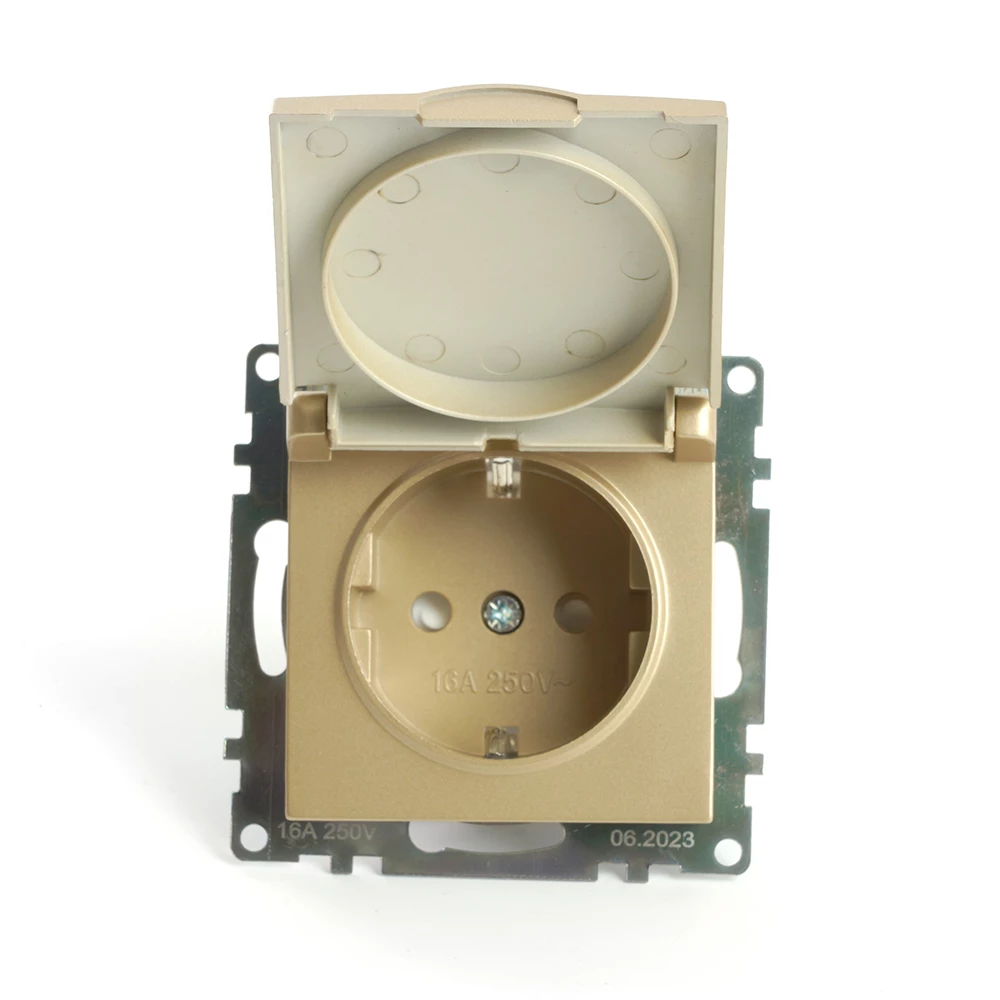 Розетка 1-местная с крышк с защ. штор (механизм) с/з, STEKKER, GLS16-7112-08, 250В, 16А, серия Катрин, золото (49222) - Viokon.com