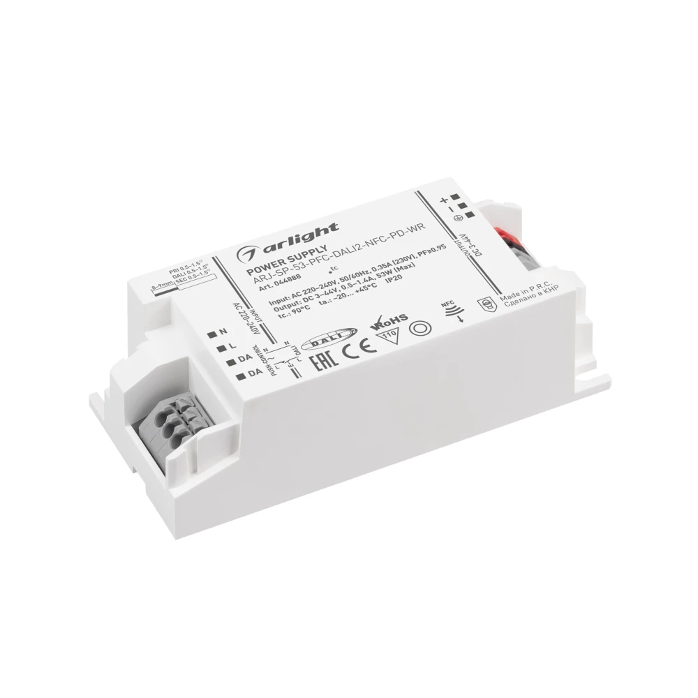 Блок питания ARJ-SP-53-PFC-DALI2-NFC-PD-WR (53W, 3-44V, 0.5-1.4A) (Arlight, IP20 Пластик, 5 лет) 044888 - Viokon.com