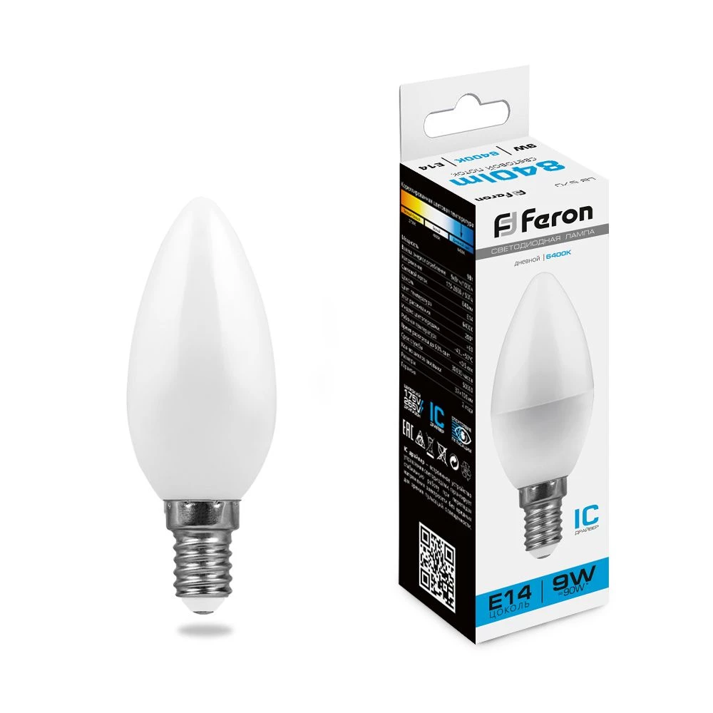Лампа светодиодная Feron LB-570 Свеча E14 9W 175-265V 6400K (25800) - Viokon.com