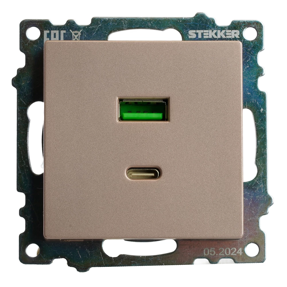 Розетка 2-местная USB + type C (механизм), STEKKER GLS10-7116-02, 250B, 3A, max 20W, серия Катрин, шампань (50056) - Viokon.com