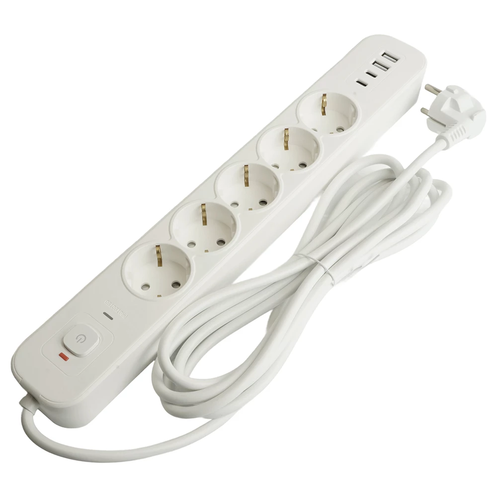 Сетевой фильтр 5-местный с/з STEKKER 3x1мм2, 5 м, 250В, 16А, 2 USB-A+2 Type-C 3, серия Nova, белый (50104) - Viokon.com