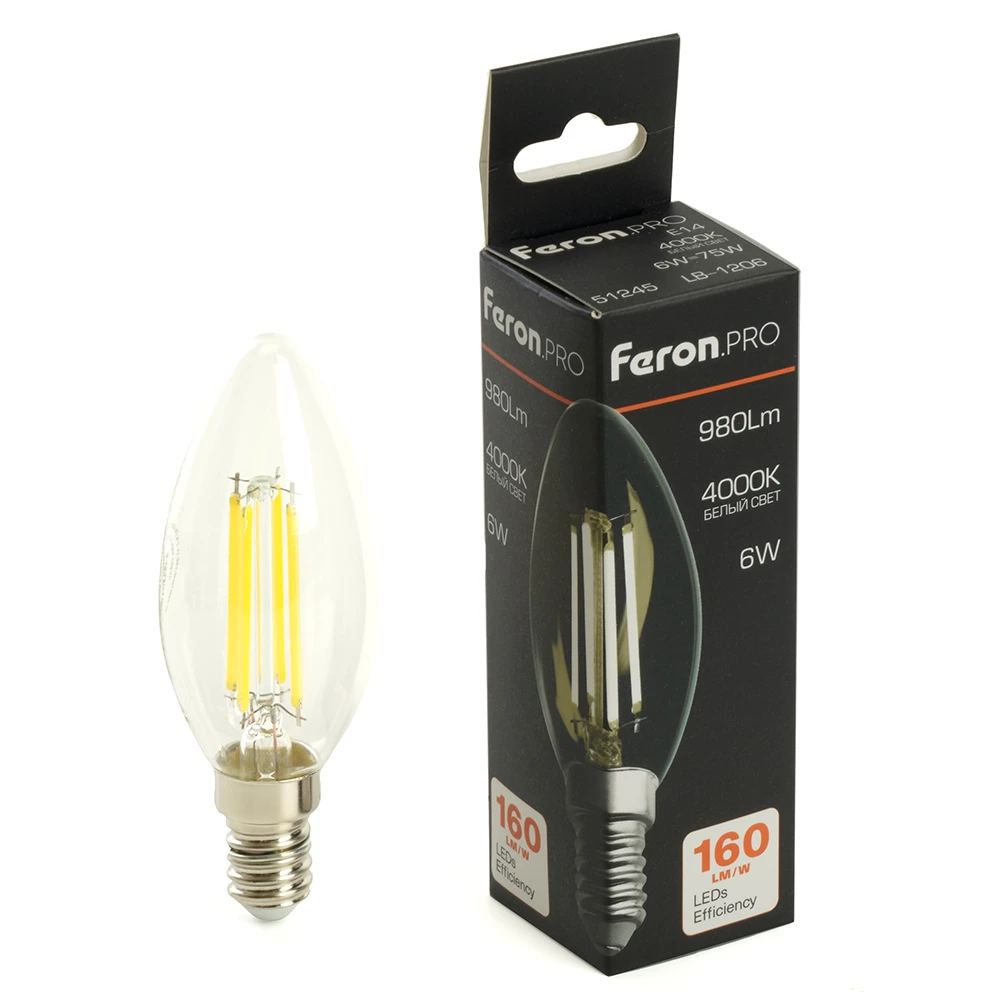 Лампа светодиодная Feron.PRO LB-1206 Свеча E14 980LM 6W 175-265V 4000K (51245) - Viokon.com