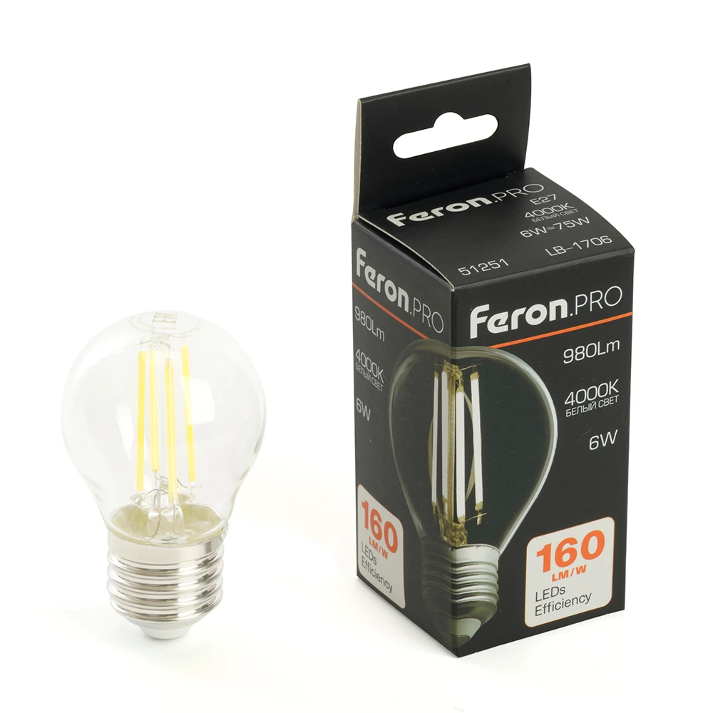 Лампа светодиодная Feron.PRO LB-1706 Шарик E27 980LM 6W 175-265V 4000K (51251) - Viokon.com