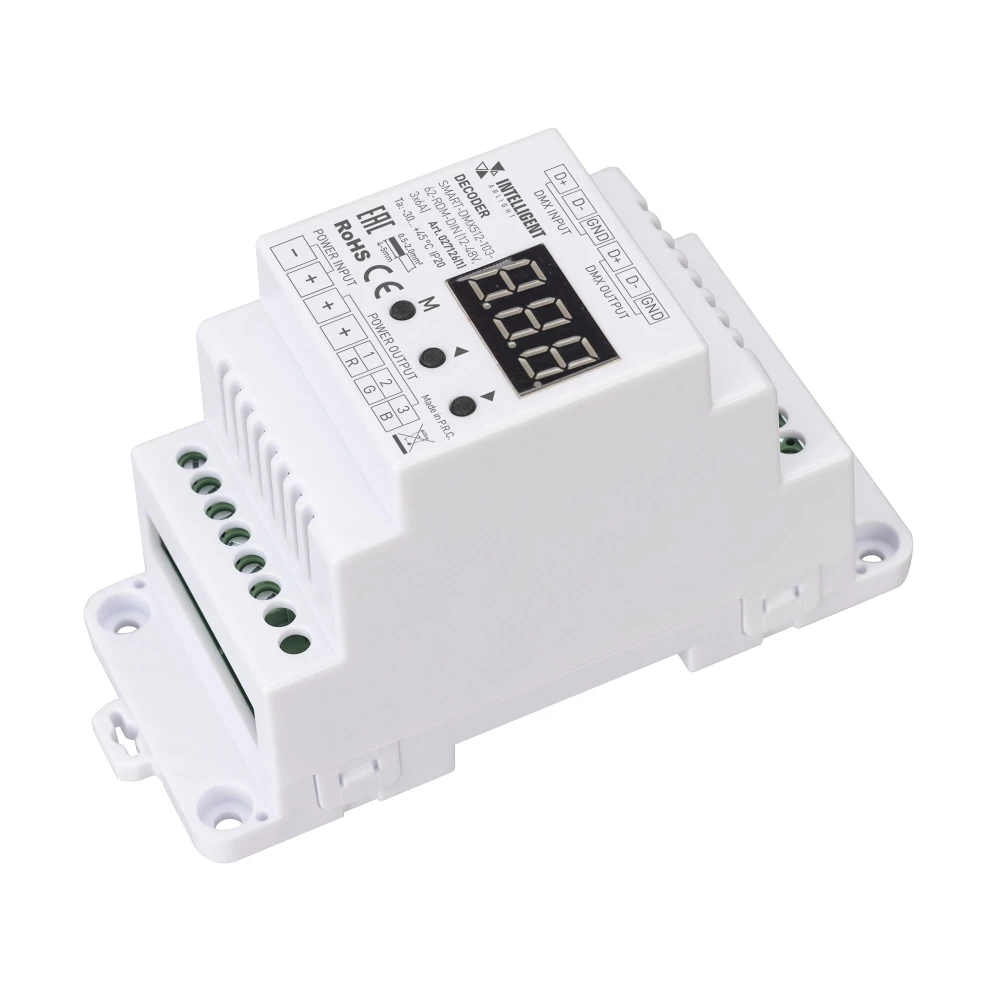 INTELLIGENT ARLIGHT Декодер SMART-DMX512-103-62-RDM-DIN (12-48V, 3x6A) (IARL, IP20 Пластик, 5 лет) 027126(1) - Viokon.com