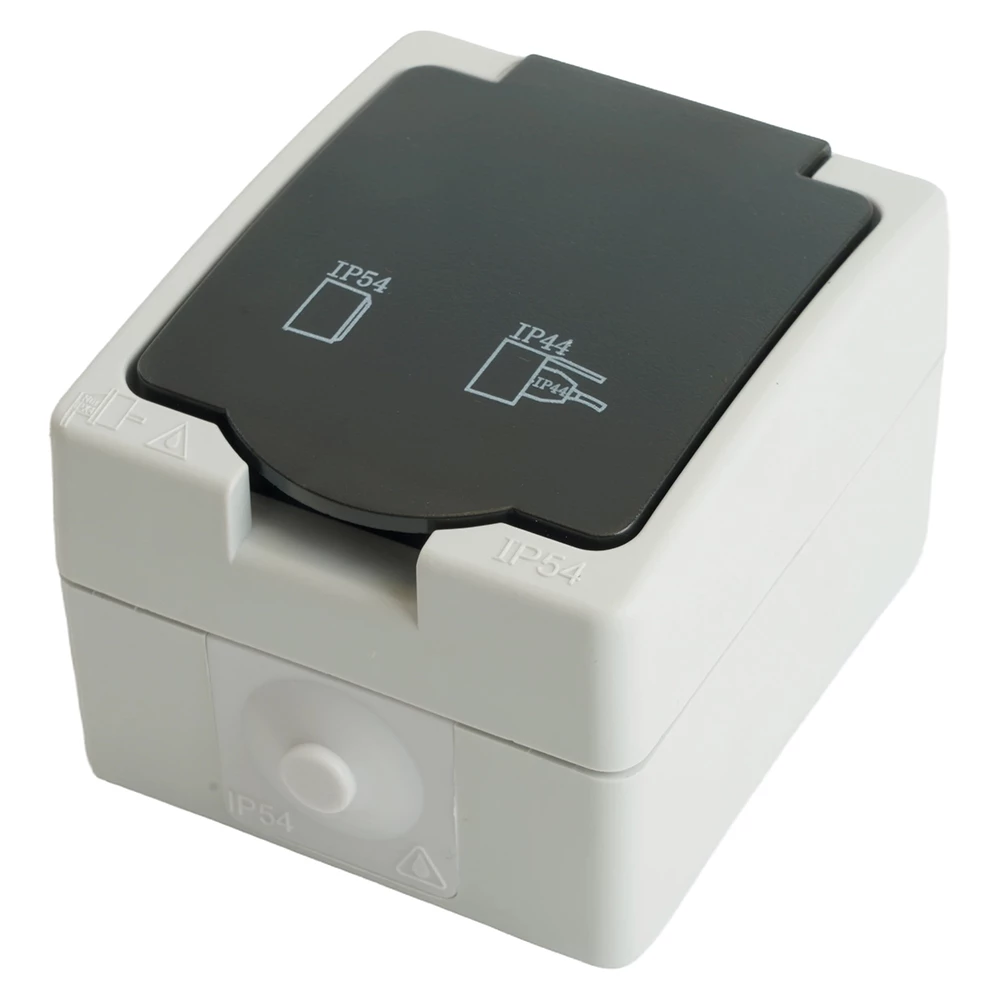 Розетка 1-местная с крышкой с/з STEKKER, PST16-11-54, пластик АВS, 250В, 16А, IP54, серый/графит (32755) - Viokon.com