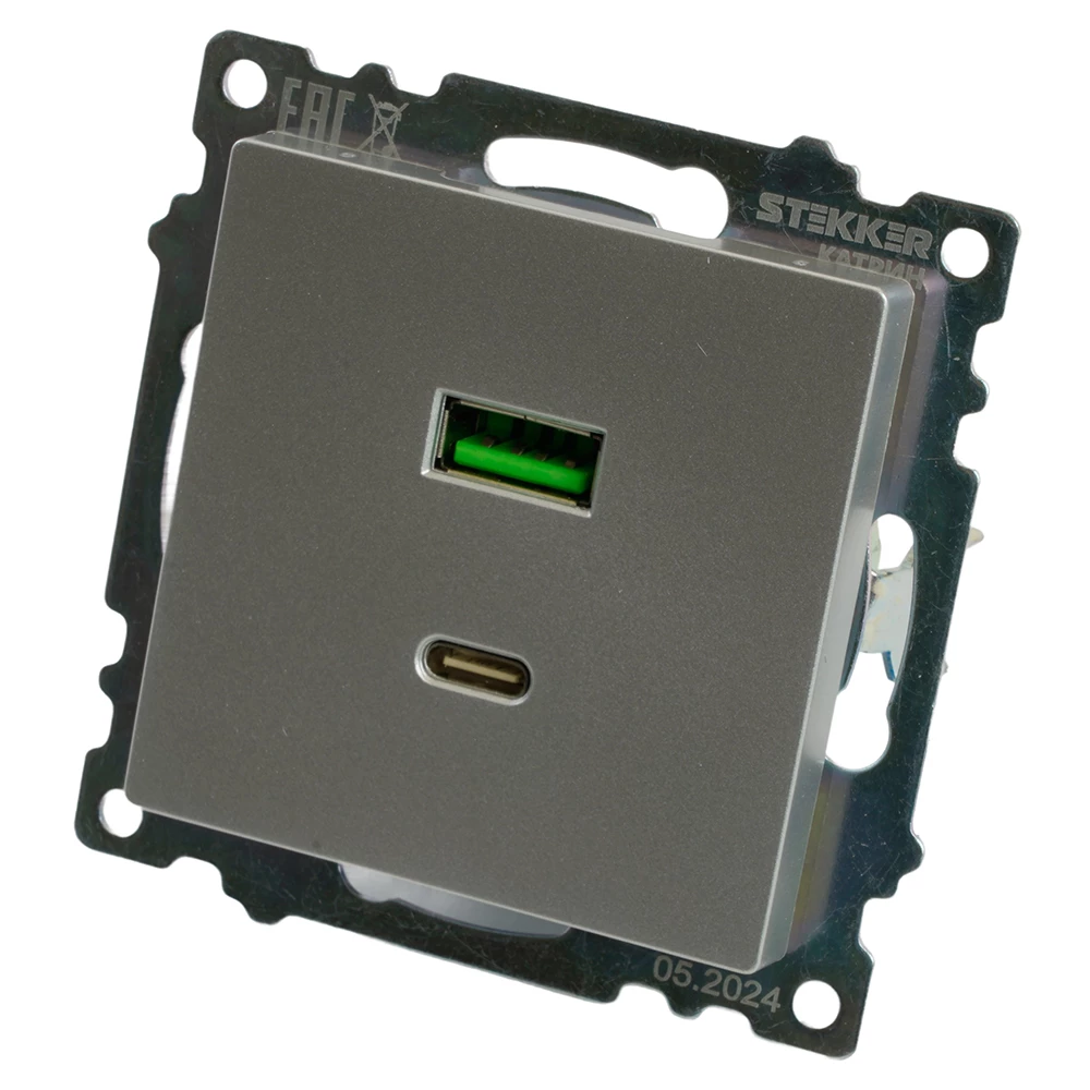 Розетка 2-местная USB + type C (механизм)), STEKKER GLS10-7116-03 , 250B, 3А, max 20W, серия Катрин, серебро (50054) - Viokon.com