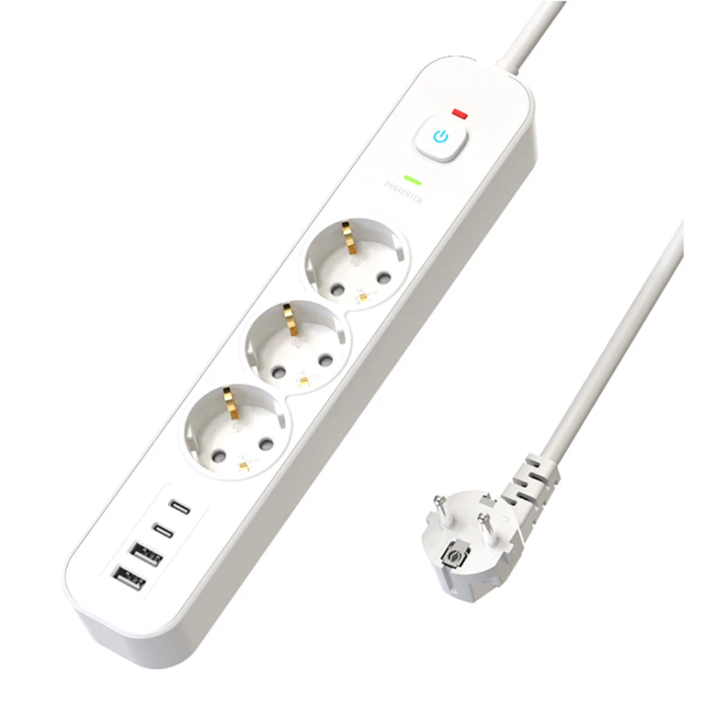 Сетевой фильтр 3-местный с/з STEKKER 3x1мм2, 3 м, 250В, 16А, 2 USB-A+2 Type-C 3, серия Nova, белый (50100) - Viokon.com