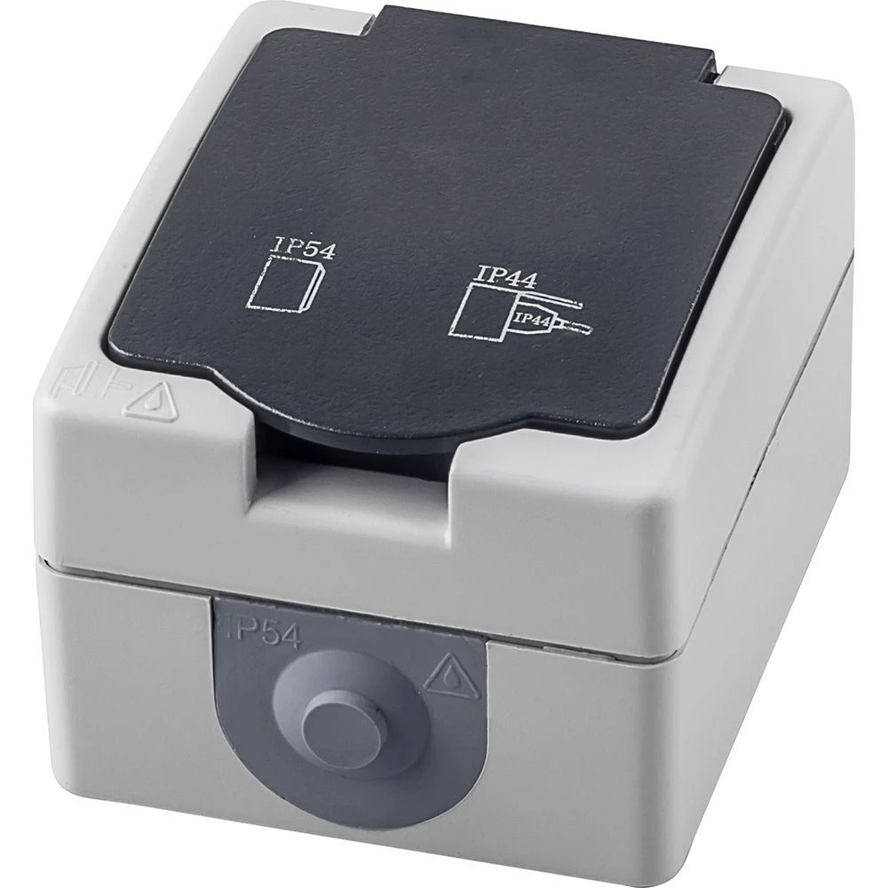 Розетка 1-местная с крышкой с/з STEKKER, PST16-11-54, пластик АВS, 250В, 16А, IP54, серый/графит (32755) - Viokon.com