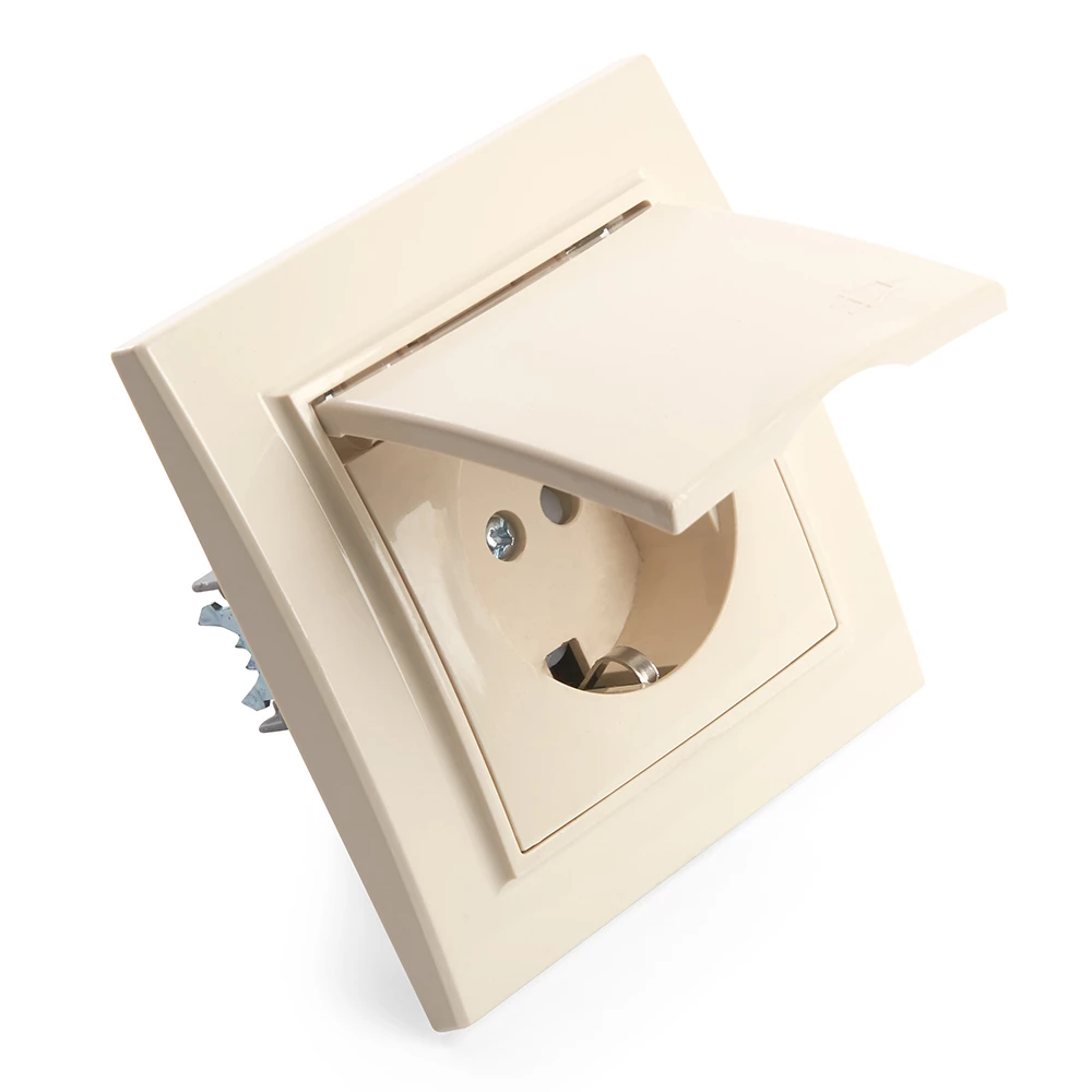 Розетка 1-местная с/з с крышкой, STEKKER, PST16-9012-02, 250В,16А с защитной шторкой, серия Эрна, слоновая кость (39238) - Viokon.com