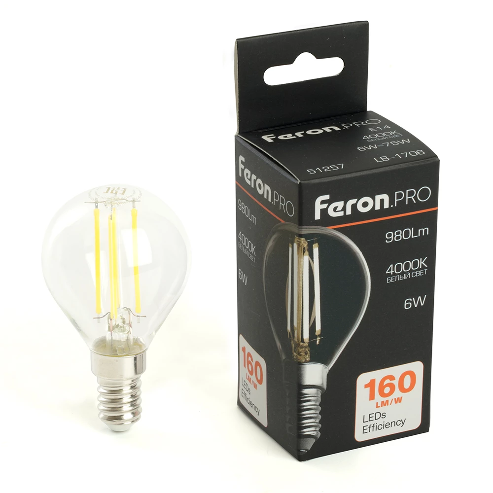 Лампа светодиодная Feron.PRO LB-1706 Шарик E14 980LM 6W 175-265V 4000K (51257) - Viokon.com