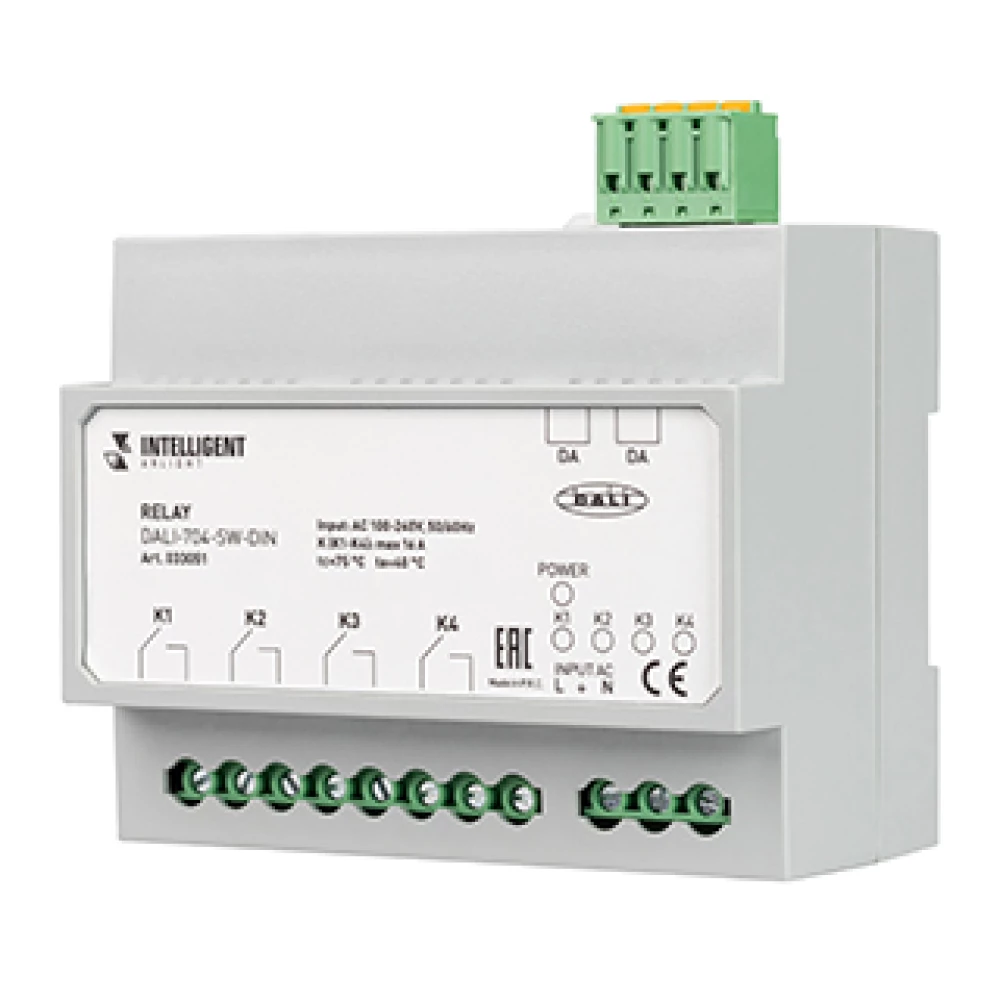 INTELLIGENT ARLIGHT Релейный модуль DALI-704-SW-DIN (BUS, 4х16A) (IARL, IP20 Пластик, 3 года) 033051 - Viokon.com
