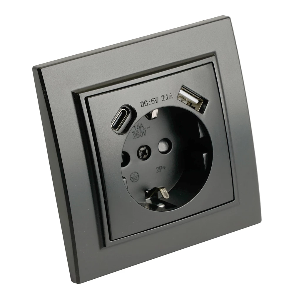 Розетка 1-местная с/з STEKKER, PST16-9016-03, 250В, 16А с USB+ type C, серия Эрна, черный (50078) - Viokon.com