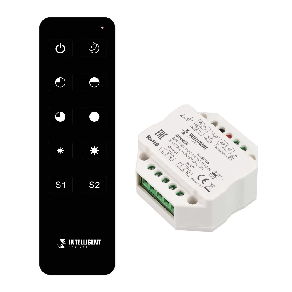INTELLIGENT ARLIGHT Диммер SMART-SET-TRIAC-601-72-DIM-PD-IN Black (230V, 1x1.5A, ПДУ 10кн, 2.4G) (IARL, IP20 Пластик, 5 лет) 036190 - Viokon.com