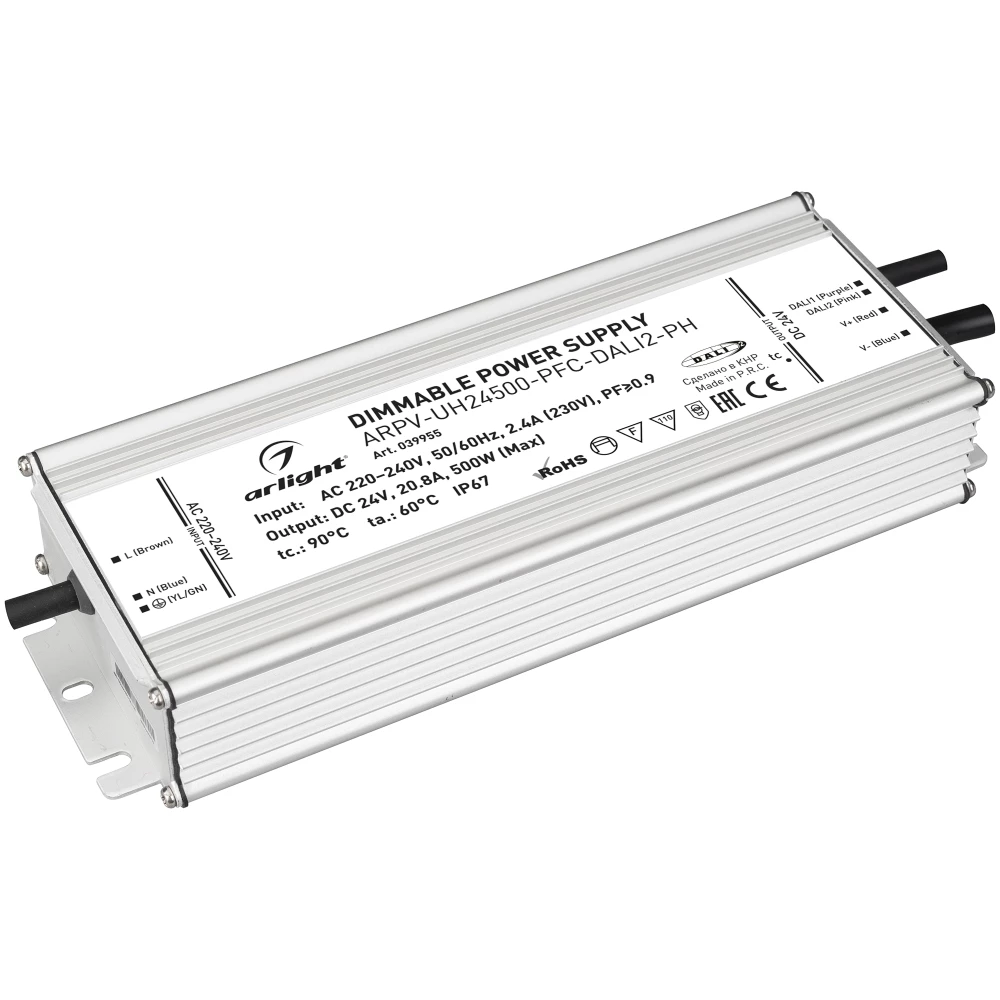 Блок питания ARPV-UH24500-PFC-DALI2-PH (24V, 20.8A, 500W) (Arlight, IP67 Металл, 7 лет) 039955 - Viokon.com
