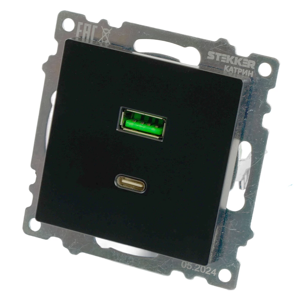 Розетка 2-местная USB + type C (механизм), STEKKER GLS10-7116-05, 250B, 3А, серия Катрин, черный (50055) - Viokon.com