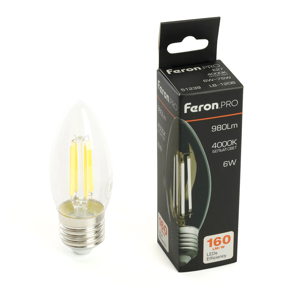 Лампа светодиодная Feron.PRO LB-1206 Свеча E27 980LM 6W 175-265V 4000K (51239) - Viokon.com