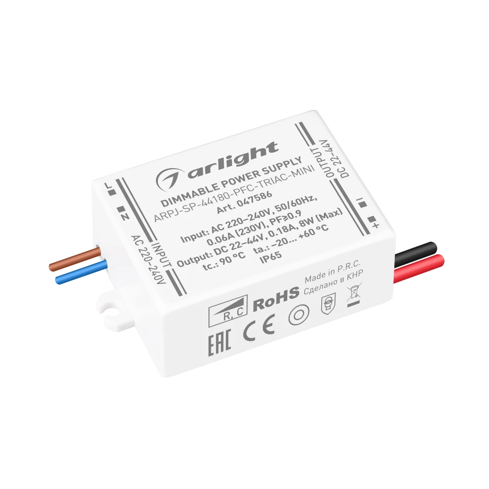 Блок питания ARPJ-SP-44180-PFC-TRIAC-MINI (8W, 22-44V, 180mA) (Arlight, IP65 Пластик, 5 лет) 047586 - Viokon.com