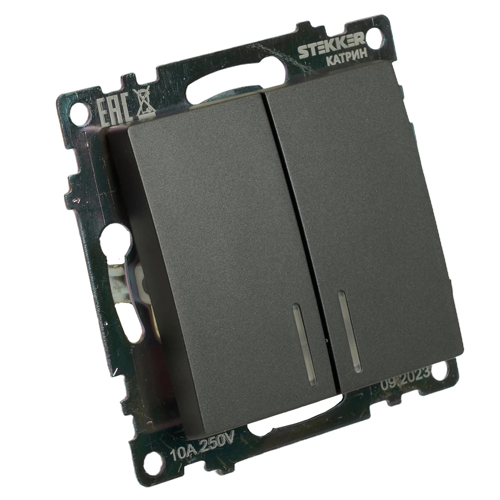 Выключатель 2-клавишный c индикатором (механизм) 250В, 10А, серия Катрин, графит, GLS10-7102-06 (49409) - Viokon.com