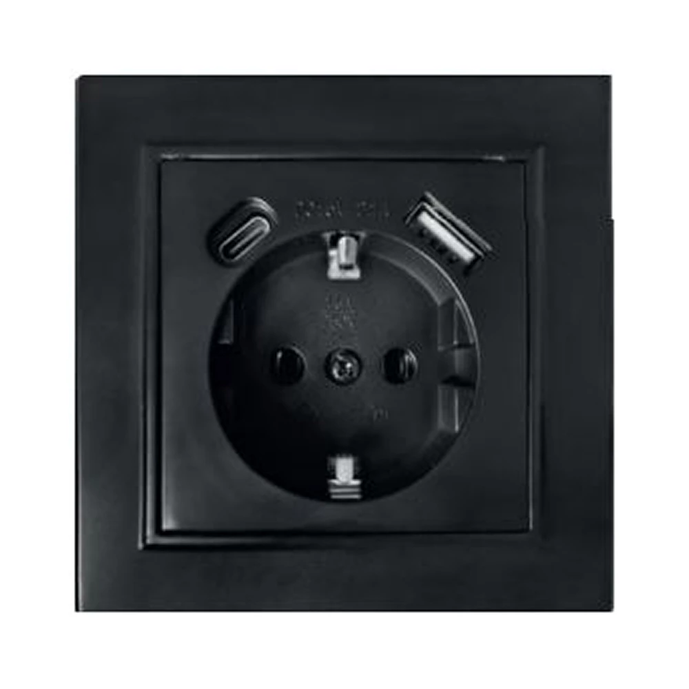 Розетка 1-местная с/з STEKKER, PST16-9016-03, 250В, 16А с USB+ type C, серия Эрна, черный (50078) - Viokon.com