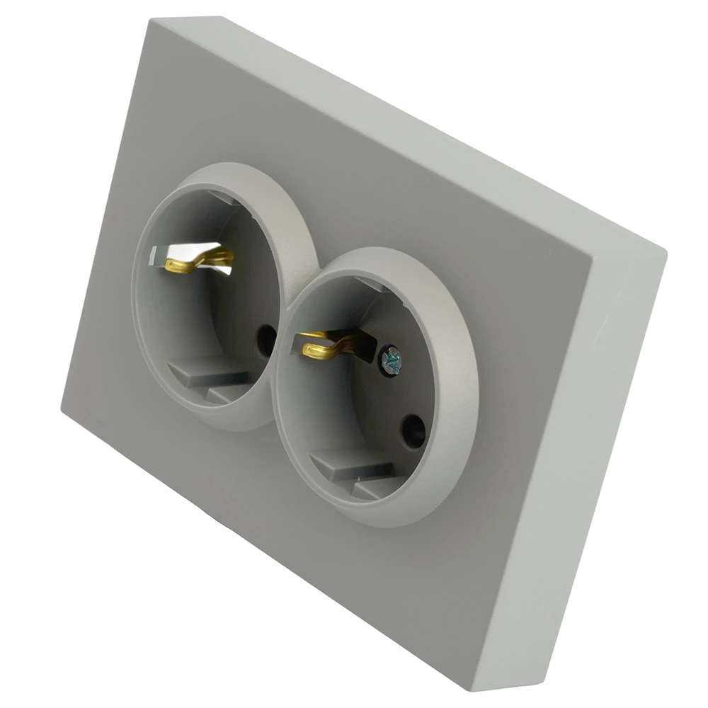 Розетка 2-местная с защитной шторкой, STEKKER, с/з, 250В, 16А, серия Эмили, RST16-5114-10, платиново-серый, soft touch (49960) - Viokon.com