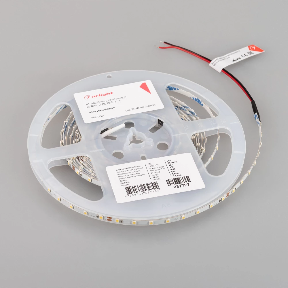 Лента RT-A80-5mm 24V White6000 (5 W/m, IP20, 2835, 5m) (Arlight, Открытый) 037797 - Viokon.com