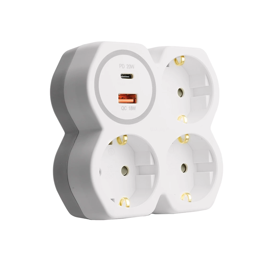 Разветвитель сетевой на 3 выхода с/з, STEKKER, 250В, 16А, USB A+Type C, 2,4А, PD, белый/серый ADP16-17-20 (50110) - Viokon.com