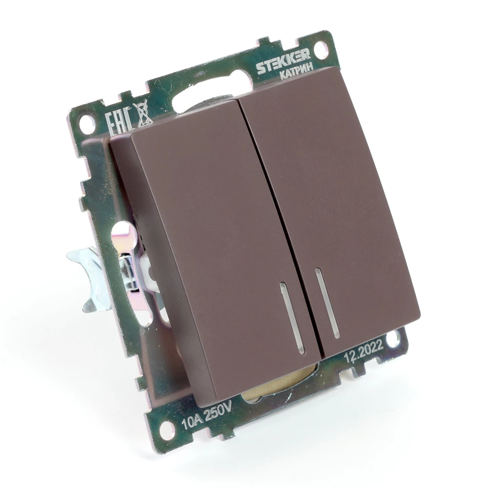 Выключатель 2-клавишный c индикатором (механизм), STEKKER GLS10-7102-04, 250В, 10А, серия Катрин, шоколад (49021) - Viokon.com